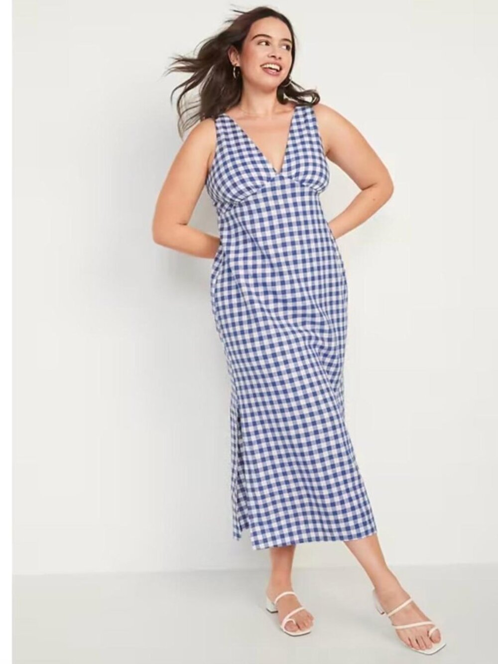 Old Navy Blue Gingham Linen Blend V-Neck Midi Dress Medium - Picture 1 of 9